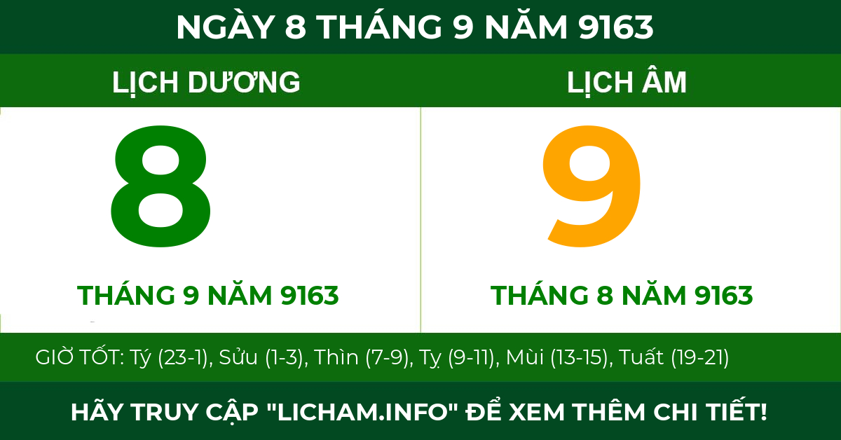 lịch âm ngày 8 tháng 9 năm 9163