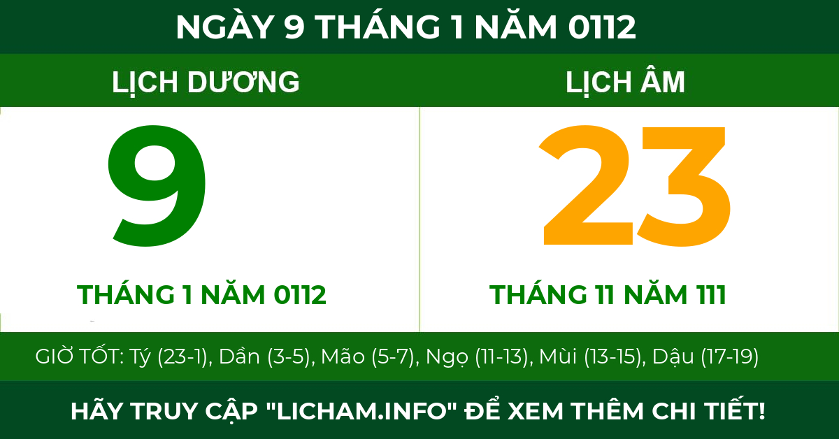 lịch âm ngày 9 tháng 1 năm 0112