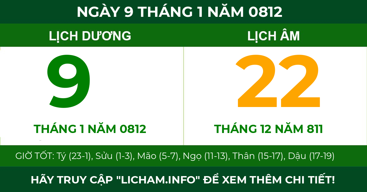 lịch âm ngày 9 tháng 1 năm 0812
