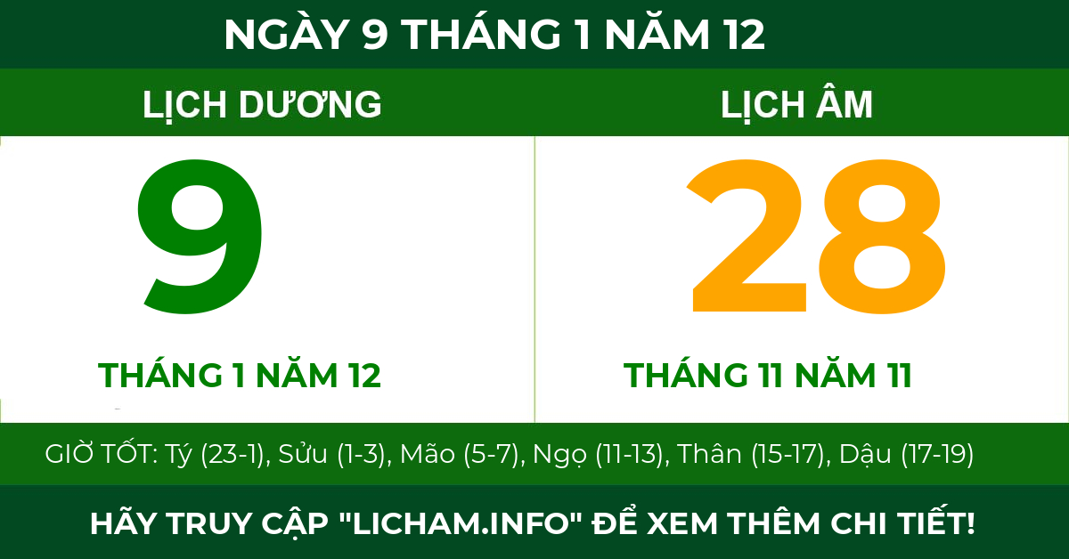 lịch âm ngày 9 tháng 1 năm 12