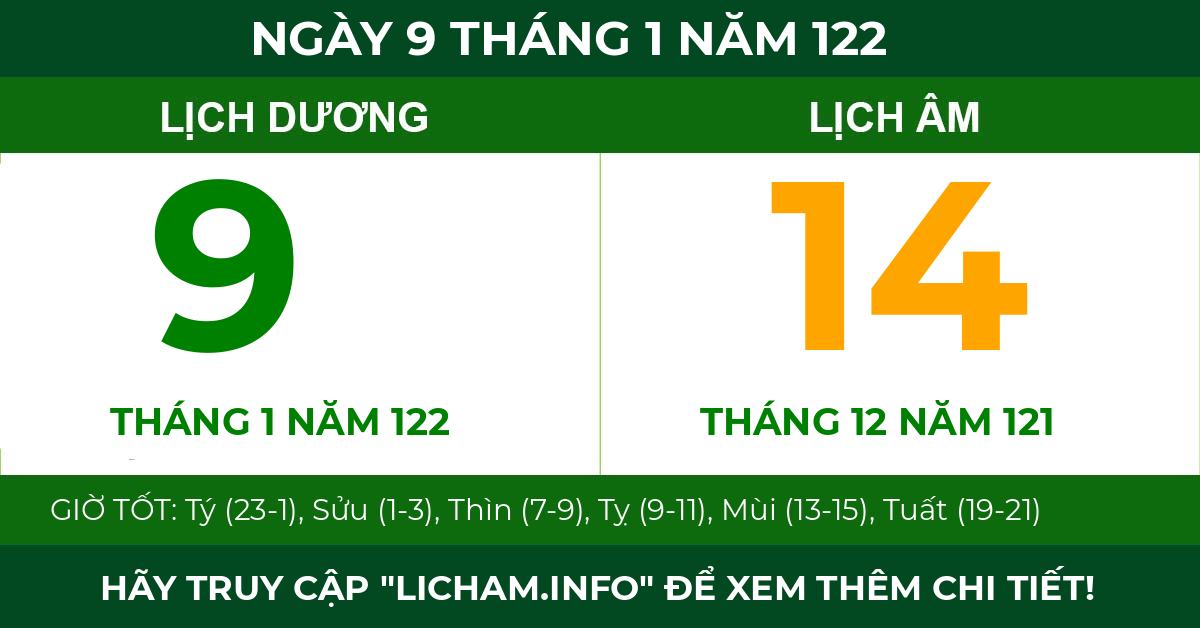 lịch âm ngày 9 tháng 1 năm 122