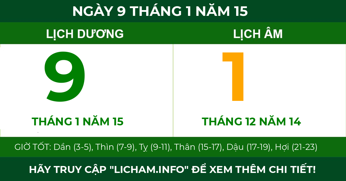 lịch âm ngày 9 tháng 1 năm 15