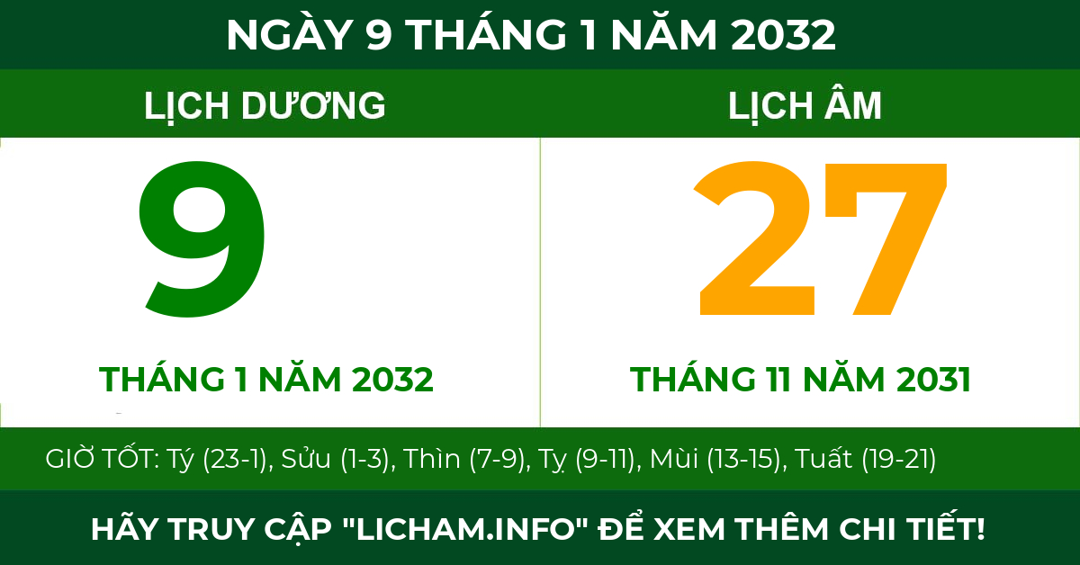 lịch âm ngày 9 tháng 1 năm 2032