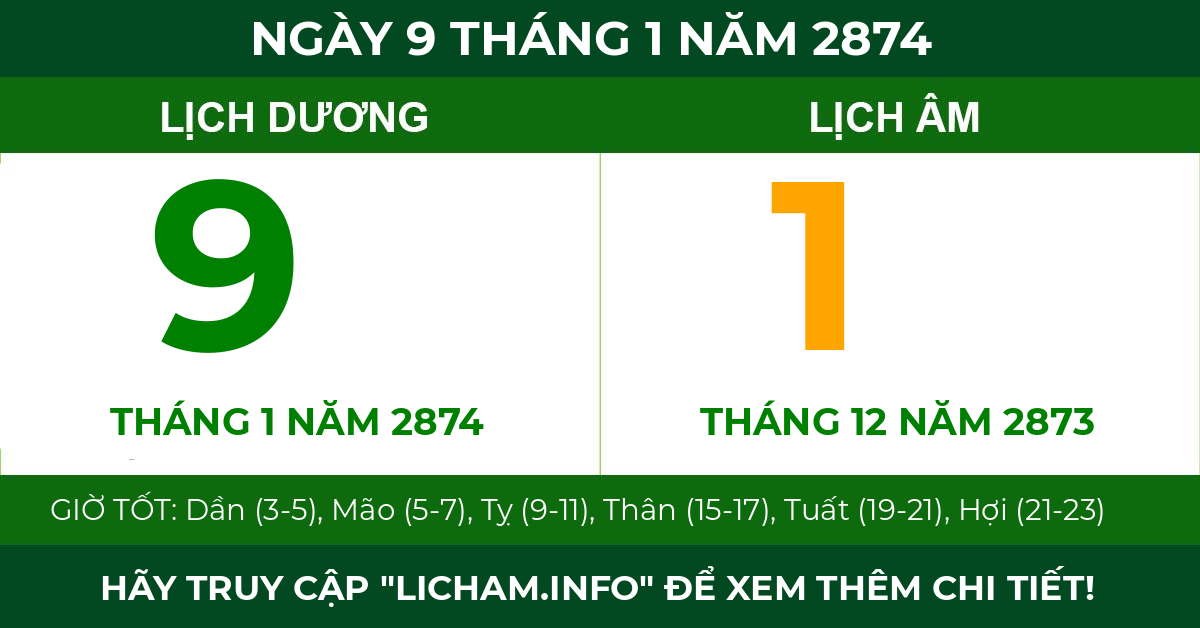 lịch âm ngày 9 tháng 1 năm 2874