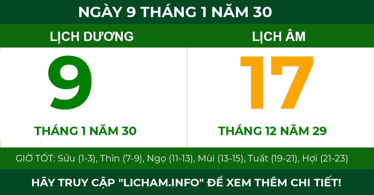 lịch âm ngày 9 tháng 1 năm 30