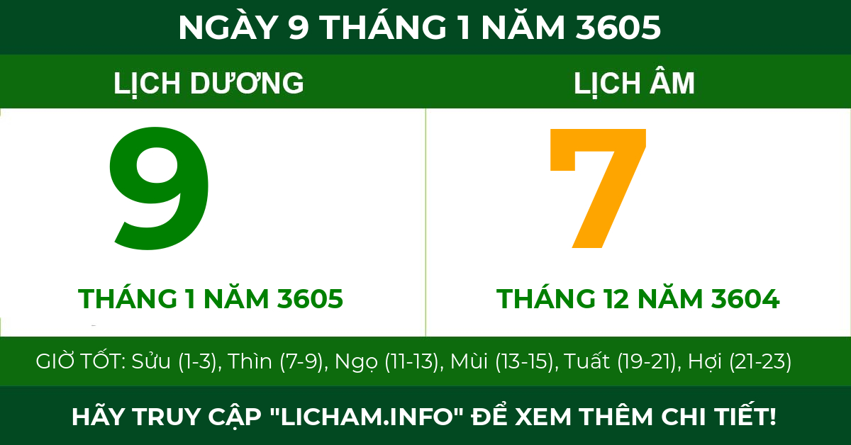 lịch âm ngày 9 tháng 1 năm 3605