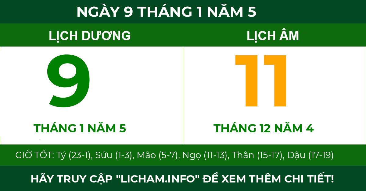 lịch âm ngày 9 tháng 1 năm 5