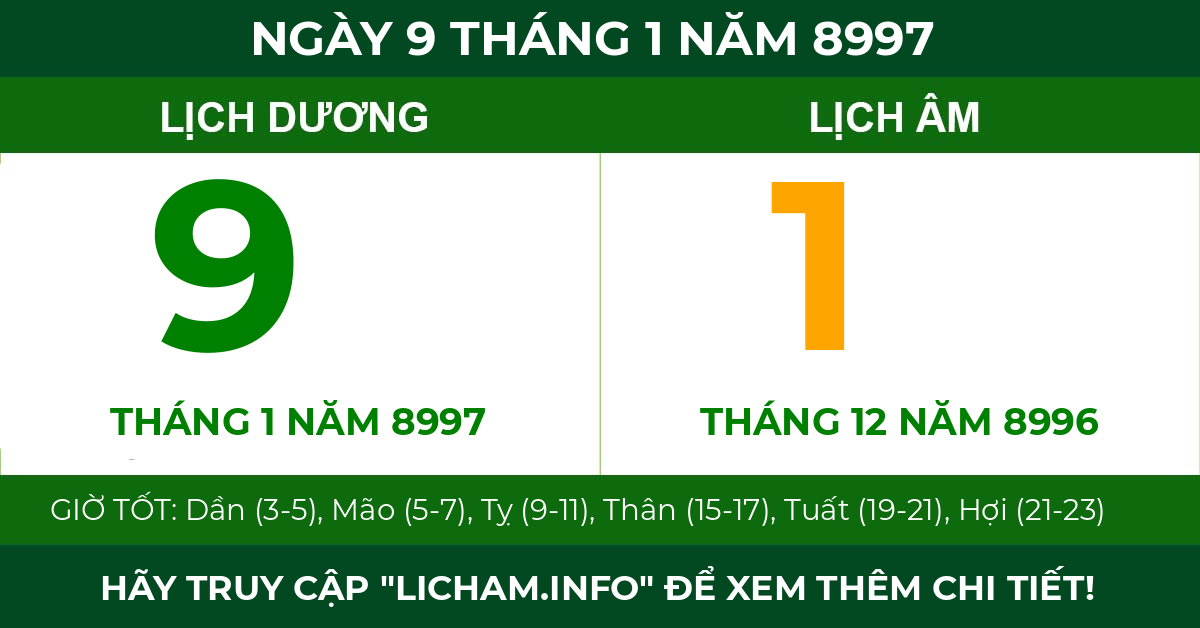 lịch âm ngày 9 tháng 1 năm 8997