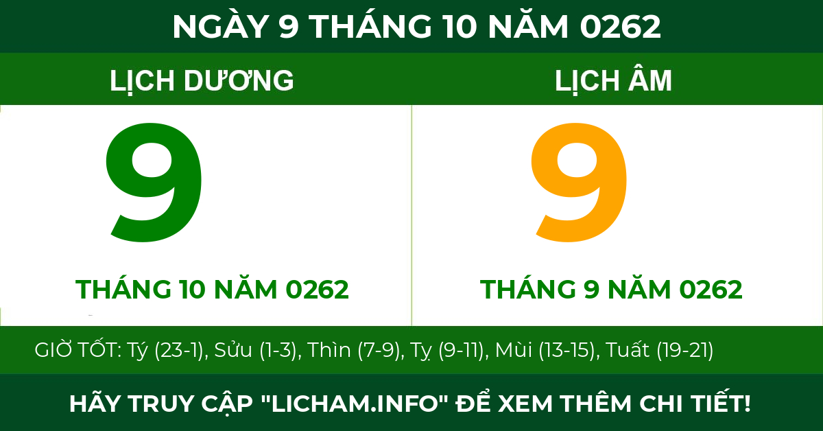 lịch âm ngày 9 tháng 10 năm 0262