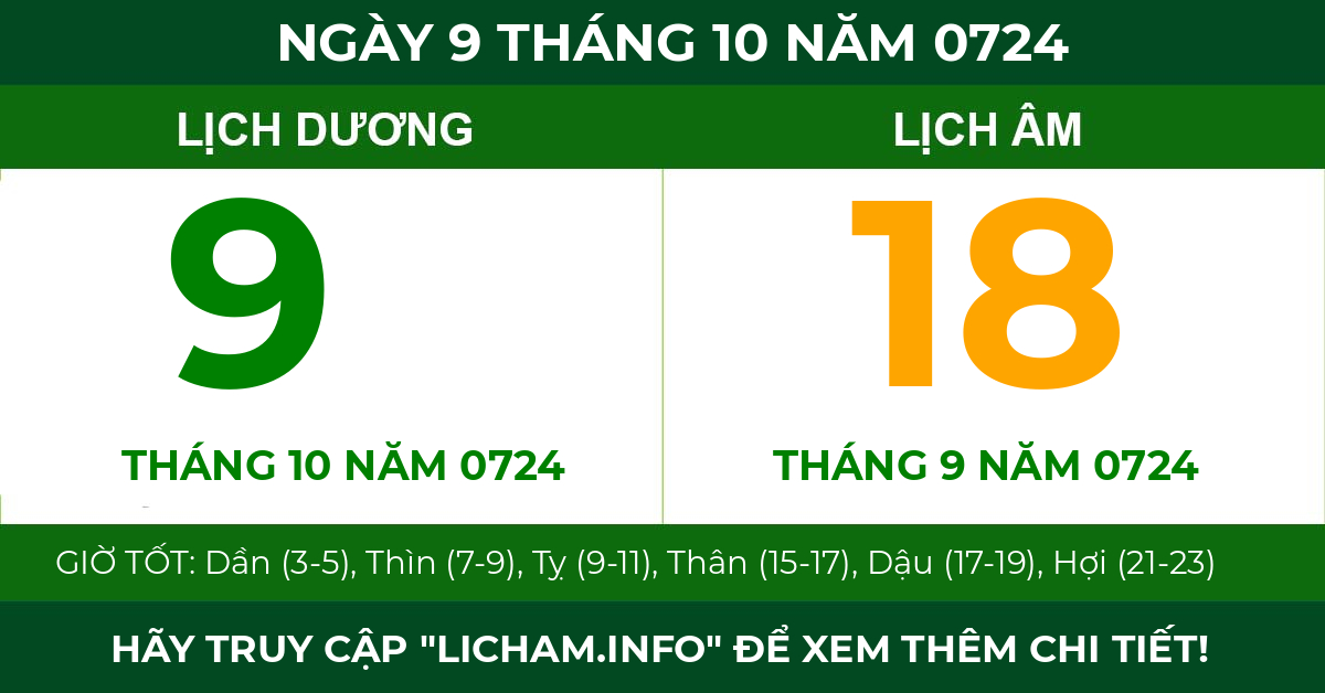 lịch âm ngày 9 tháng 10 năm 0724