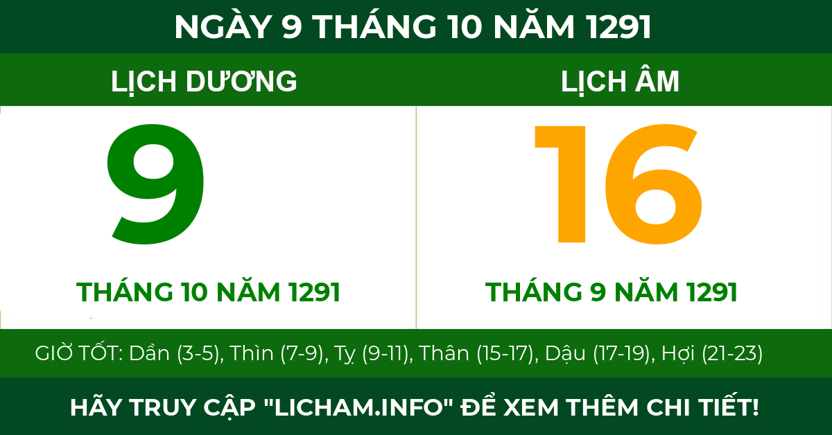 lịch âm ngày 9 tháng 10 năm 1291