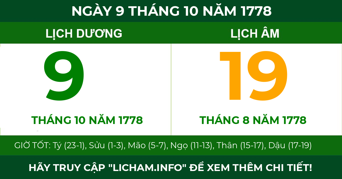 lịch âm ngày 9 tháng 10 năm 1778