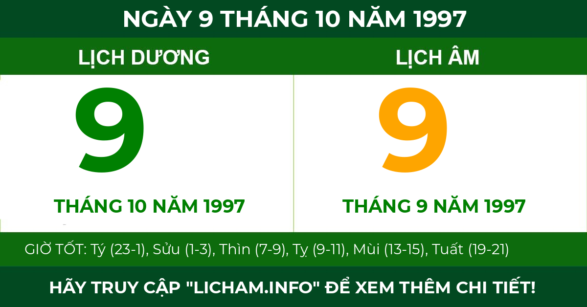 lịch âm ngày 9 tháng 10 năm 1997