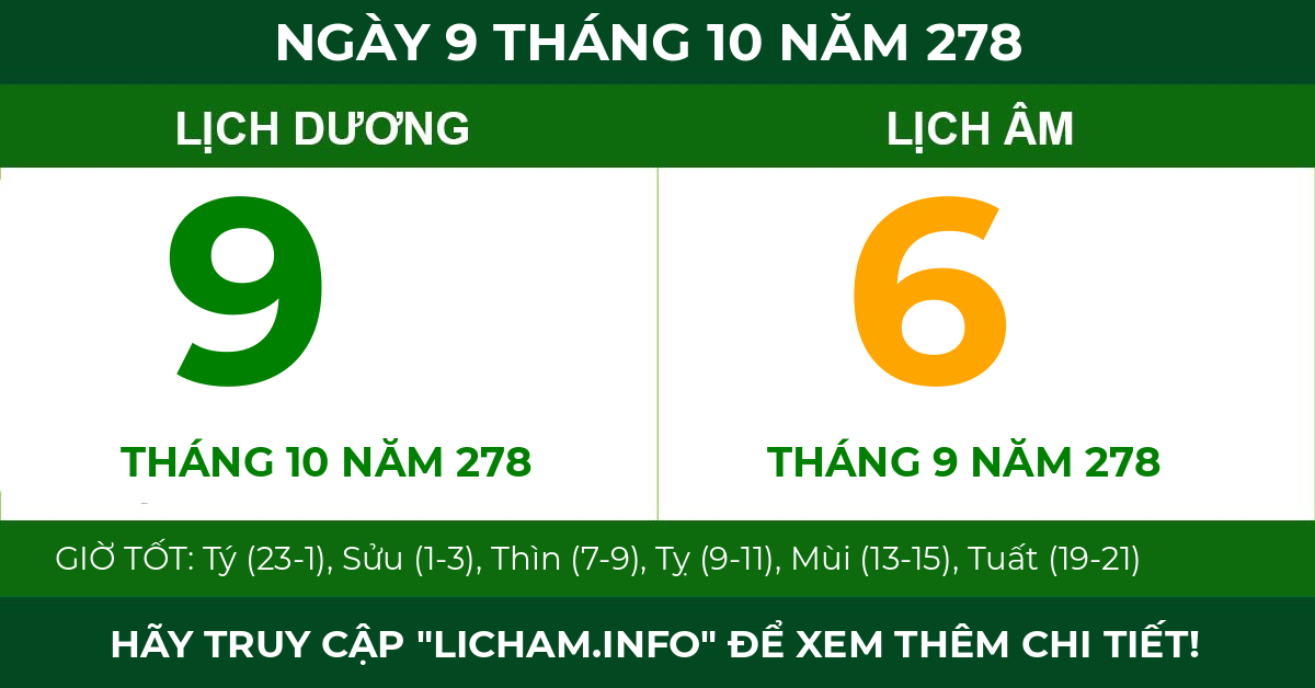 lịch âm ngày 9 tháng 10 năm 278