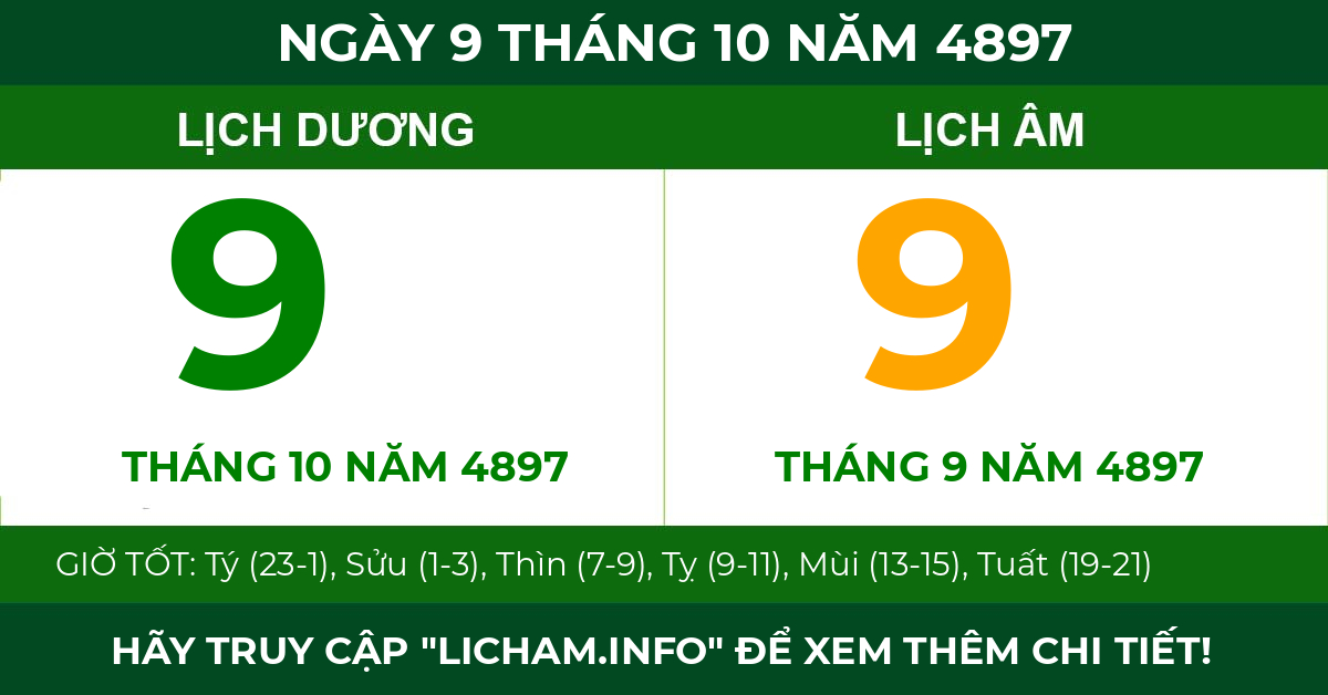 lịch âm ngày 9 tháng 10 năm 4897