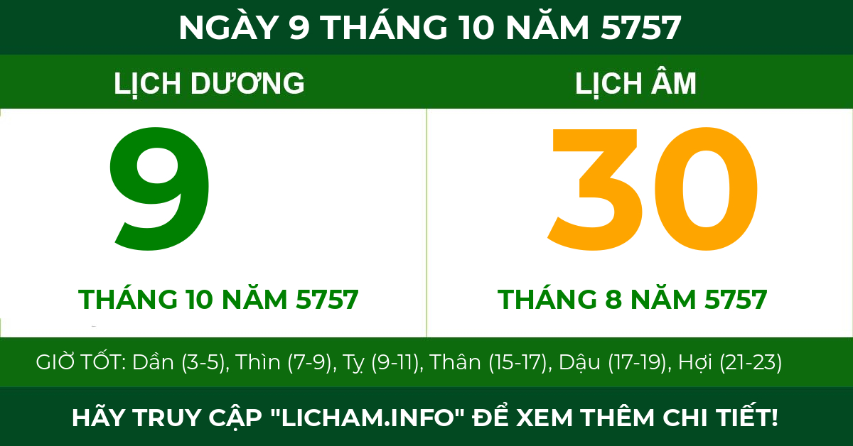 lịch âm ngày 9 tháng 10 năm 5757