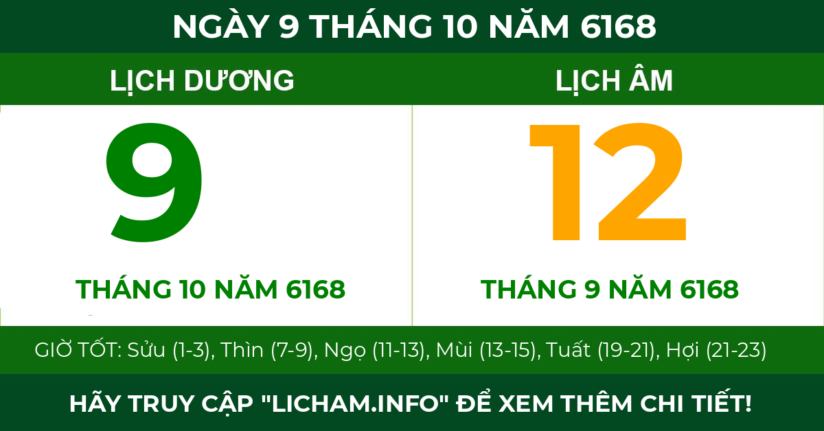 lịch âm ngày 9 tháng 10 năm 6168