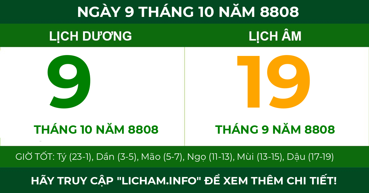 lịch âm ngày 9 tháng 10 năm 8808