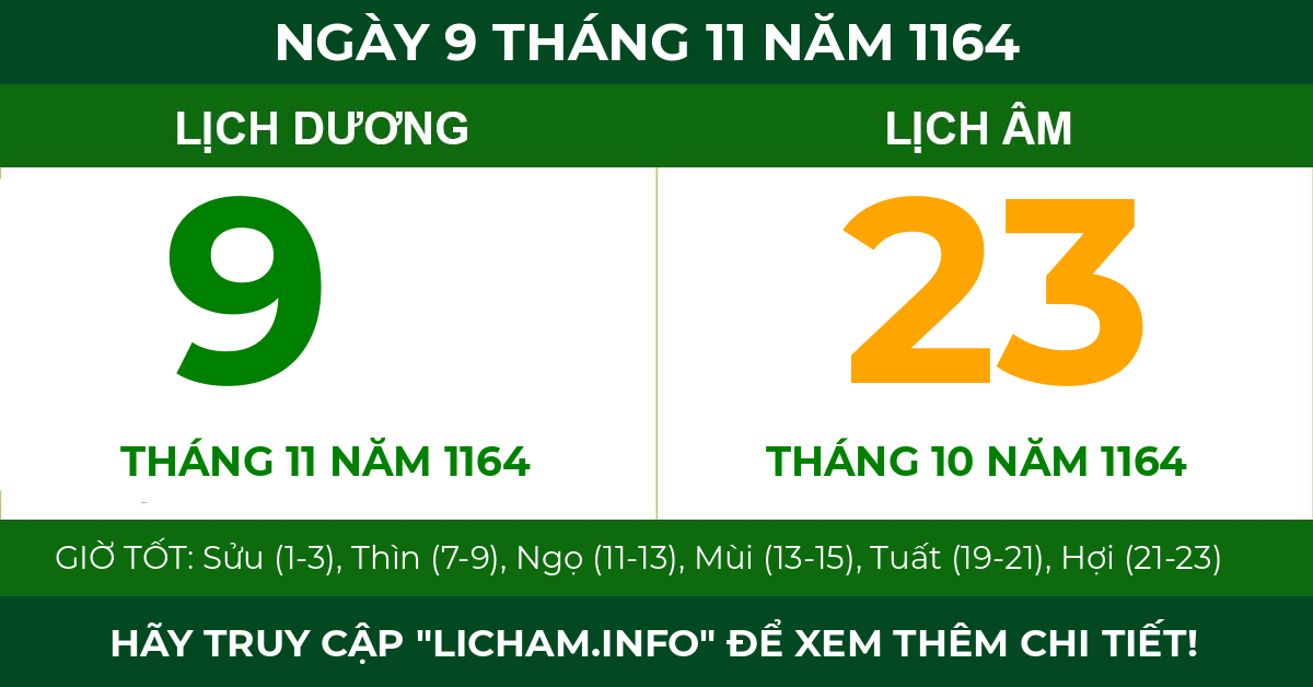 lịch âm ngày 9 tháng 11 năm 1164