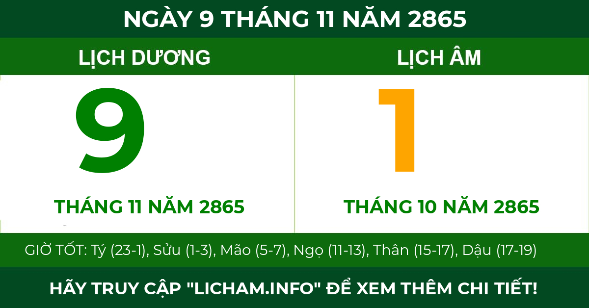 lịch âm ngày 9 tháng 11 năm 2865