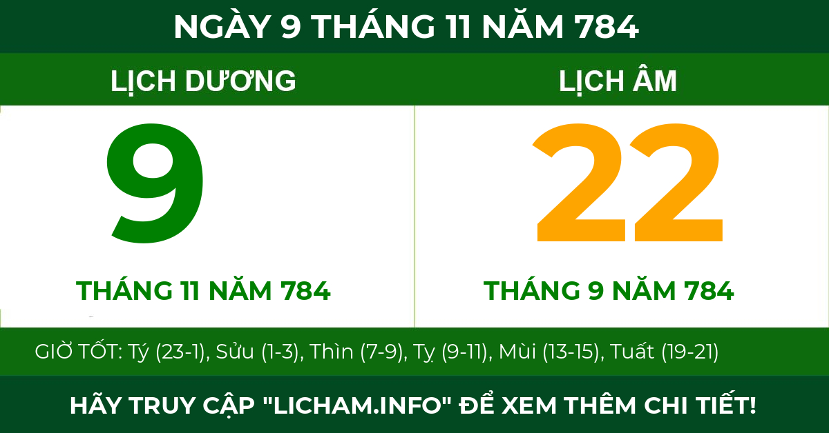 lịch âm ngày 9 tháng 11 năm 784