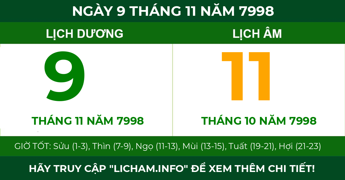 lịch âm ngày 9 tháng 11 năm 7998