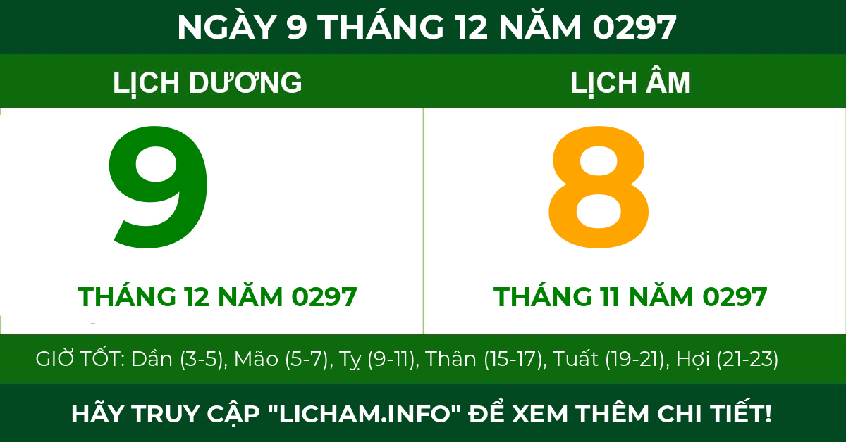 lịch âm ngày 9 tháng 12 năm 0297