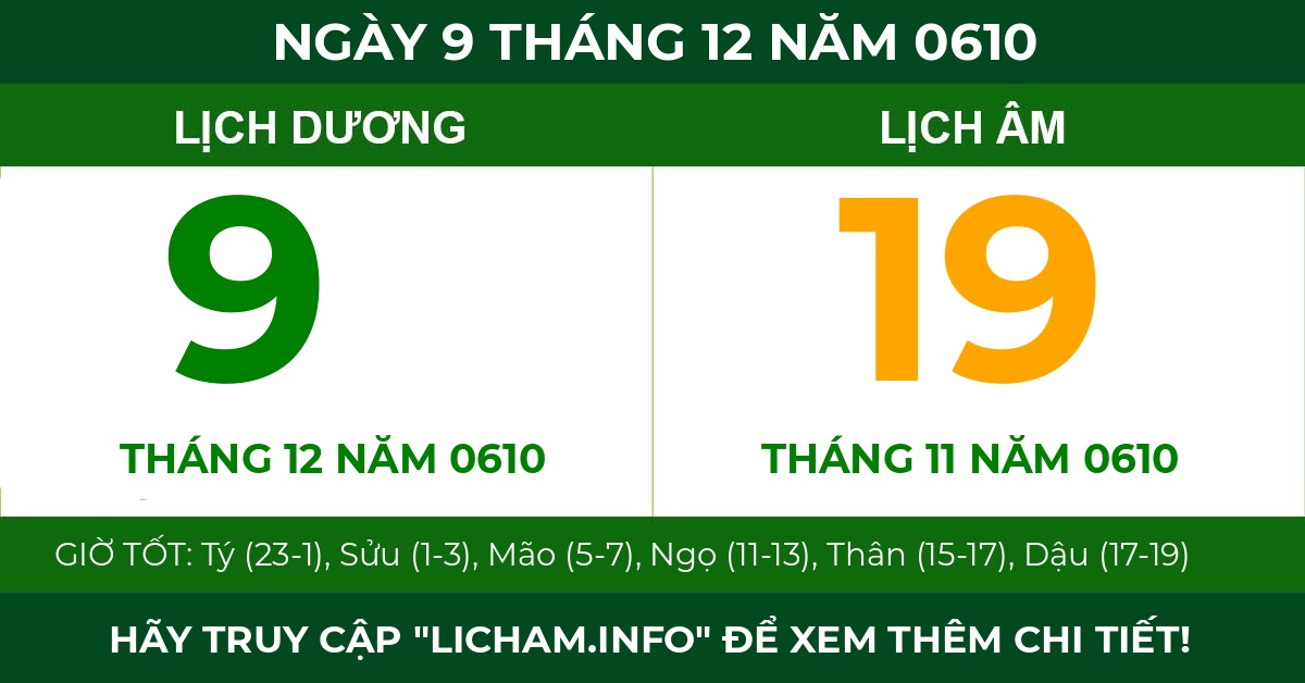 lịch âm ngày 9 tháng 12 năm 0610