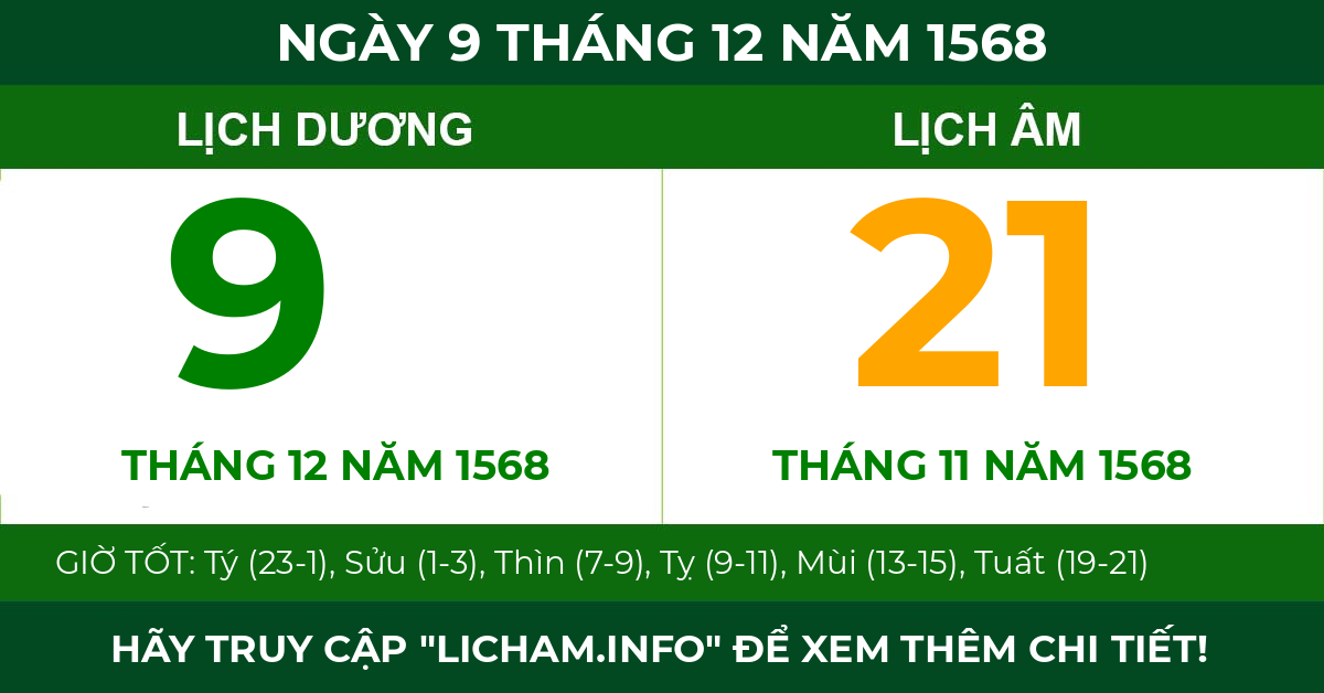 lịch âm ngày 9 tháng 12 năm 1568