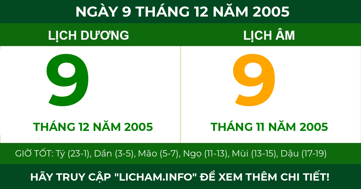 lịch âm ngày 9 tháng 12 năm 2005
