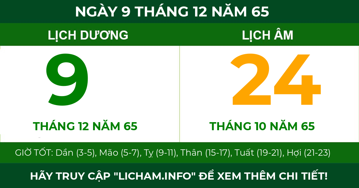 lịch âm ngày 9 tháng 12 năm 65