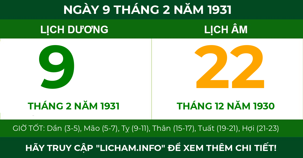 lịch âm ngày 9 tháng 2 năm 1931