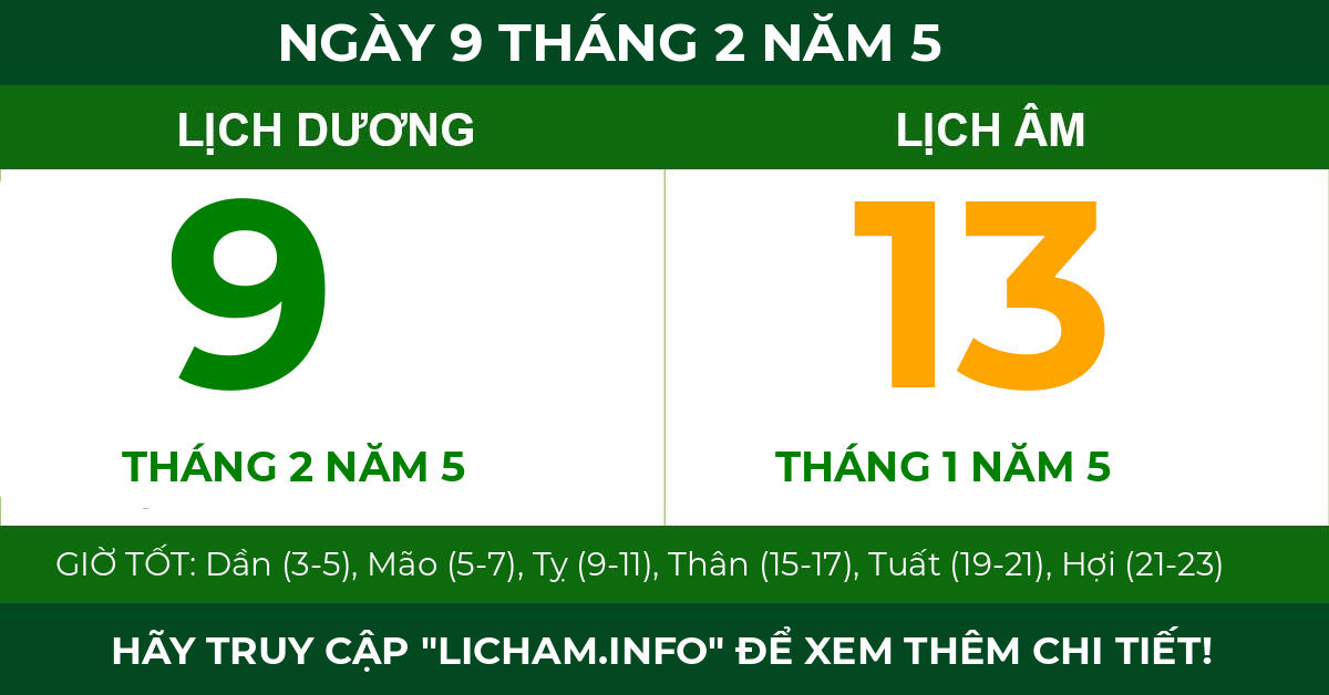 lịch âm ngày 9 tháng 2 năm 5