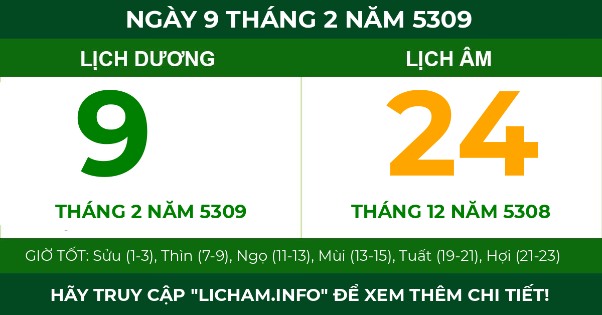 lịch âm ngày 9 tháng 2 năm 5309