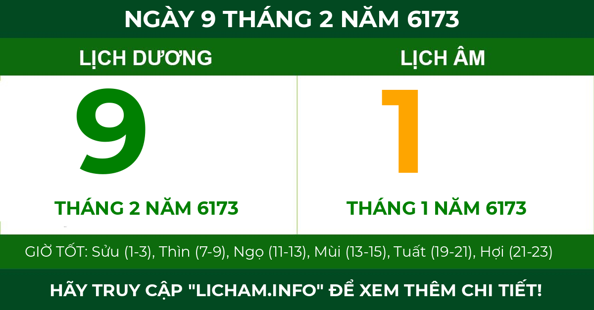 lịch âm ngày 9 tháng 2 năm 6173