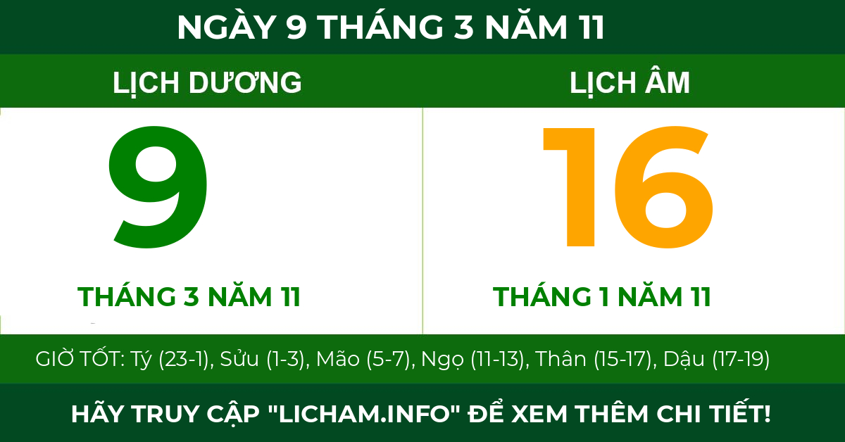 lịch âm ngày 9 tháng 3 năm 11