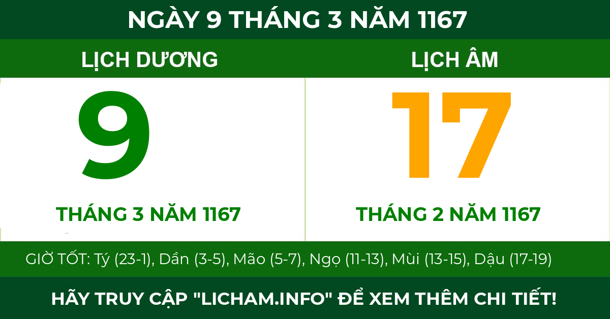 lịch âm ngày 9 tháng 3 năm 1167