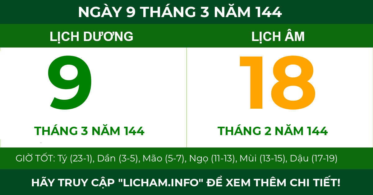 lịch âm ngày 9 tháng 3 năm 144