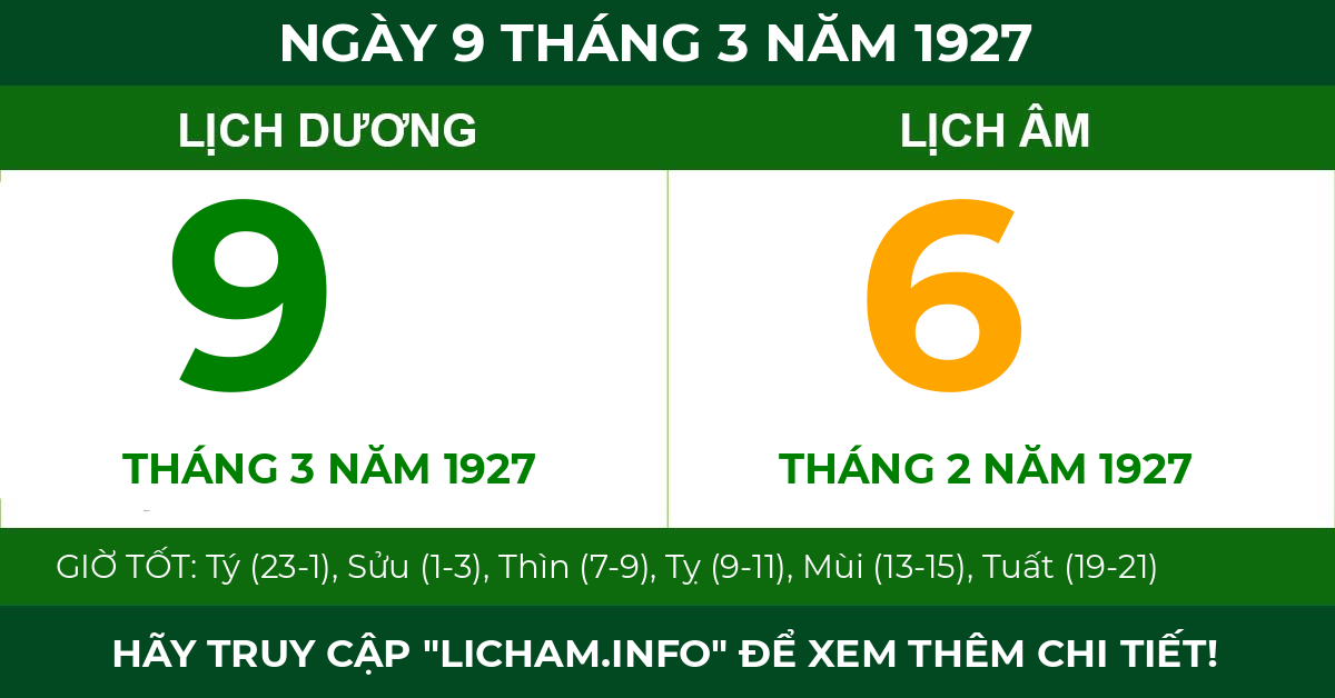 lịch âm ngày 9 tháng 3 năm 1927