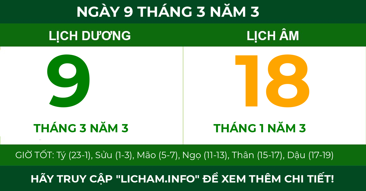 lịch âm ngày 9 tháng 3 năm 3