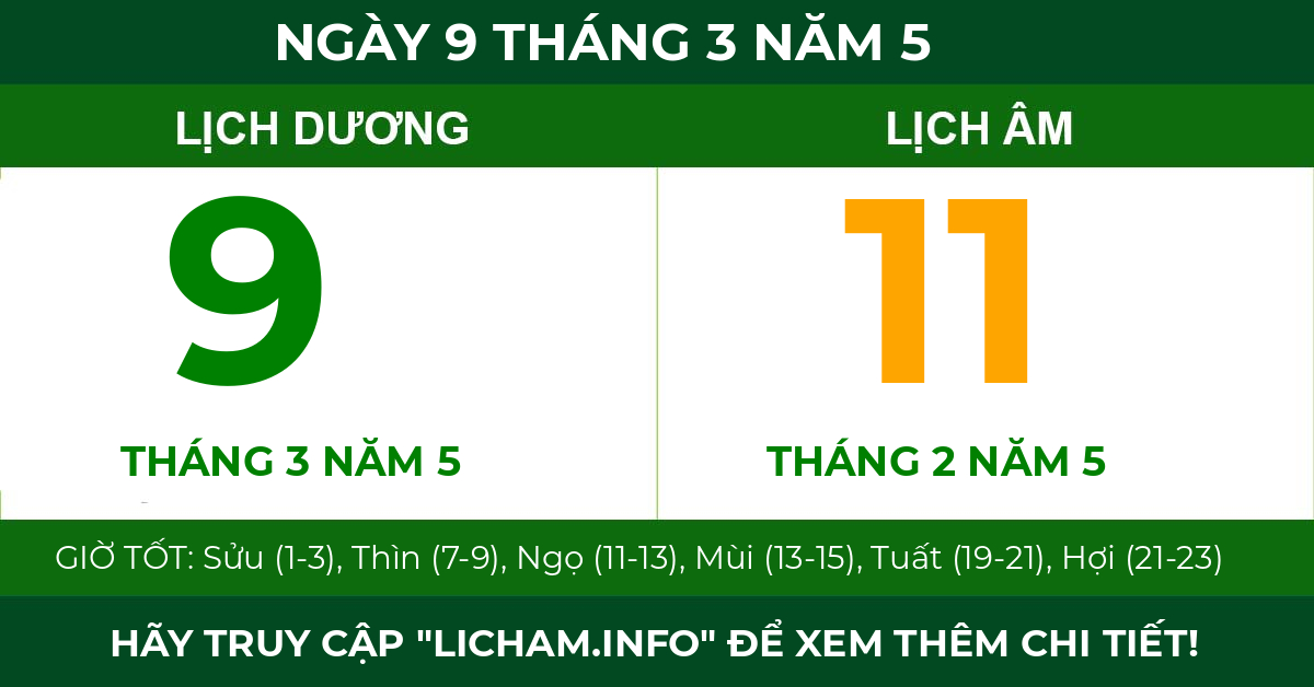 lịch âm ngày 9 tháng 3 năm 5