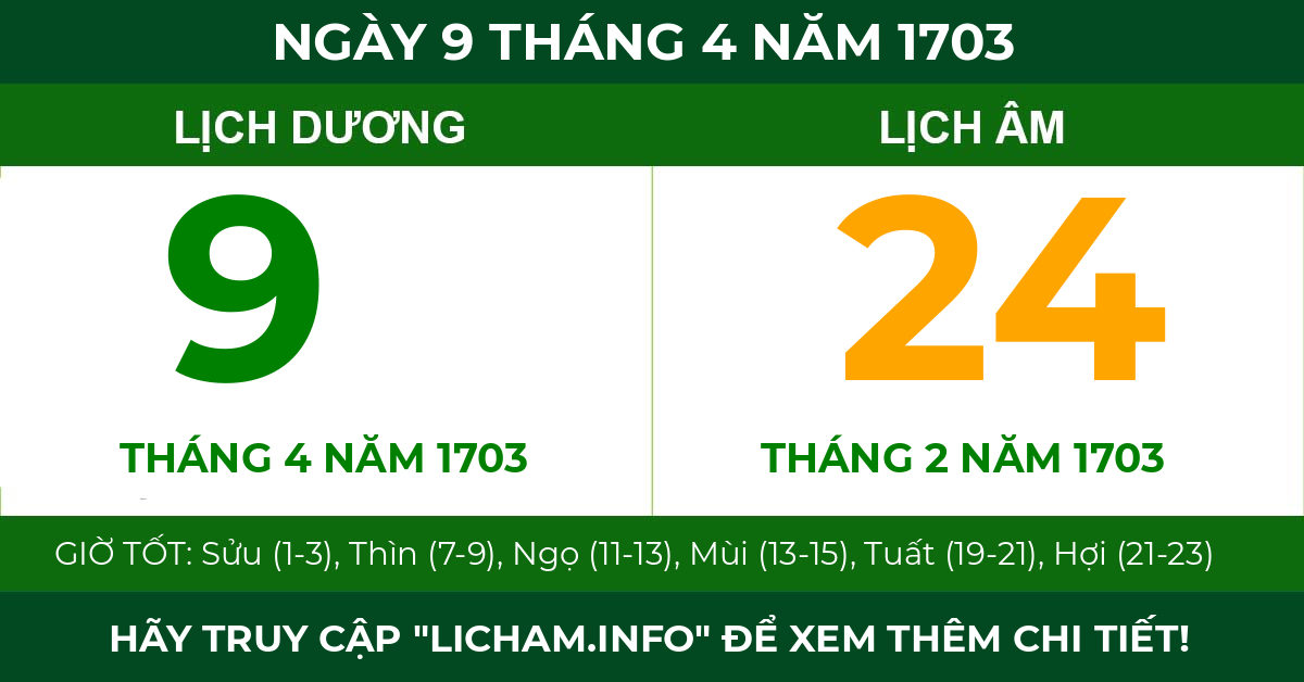 lịch âm ngày 9 tháng 4 năm 1703