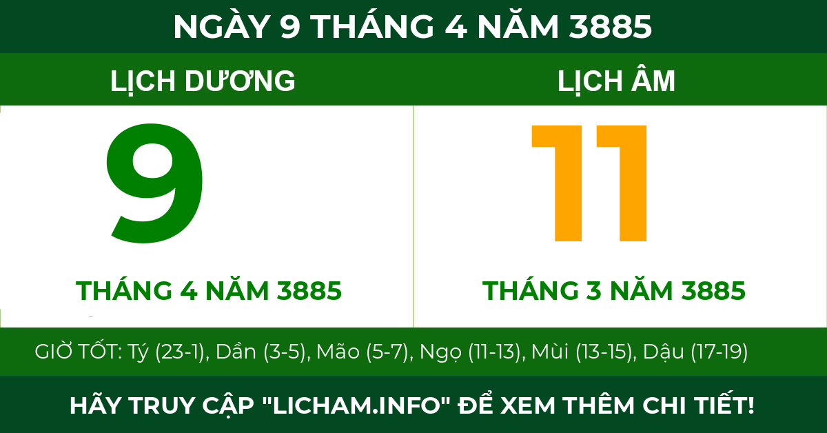 lịch âm ngày 9 tháng 4 năm 3885