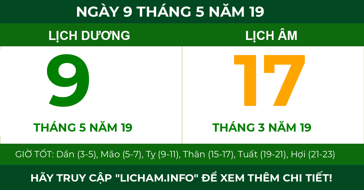 lịch âm ngày 9 tháng 5 năm 19