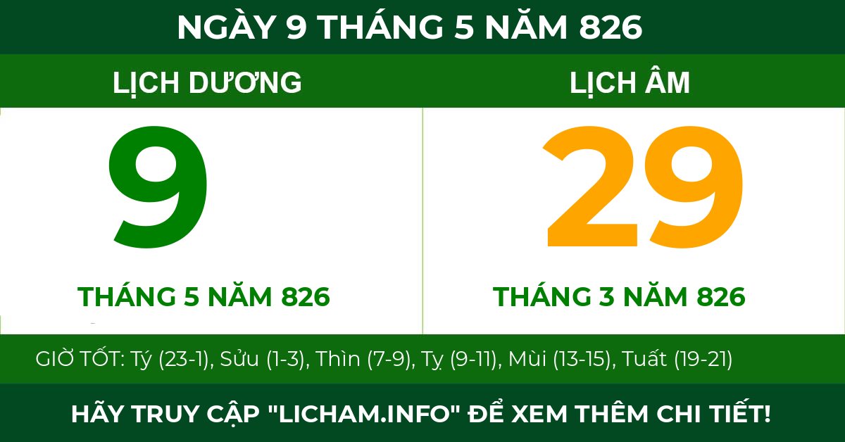 lịch âm ngày 9 tháng 5 năm 826