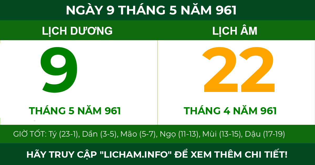 lịch âm ngày 9 tháng 5 năm 961