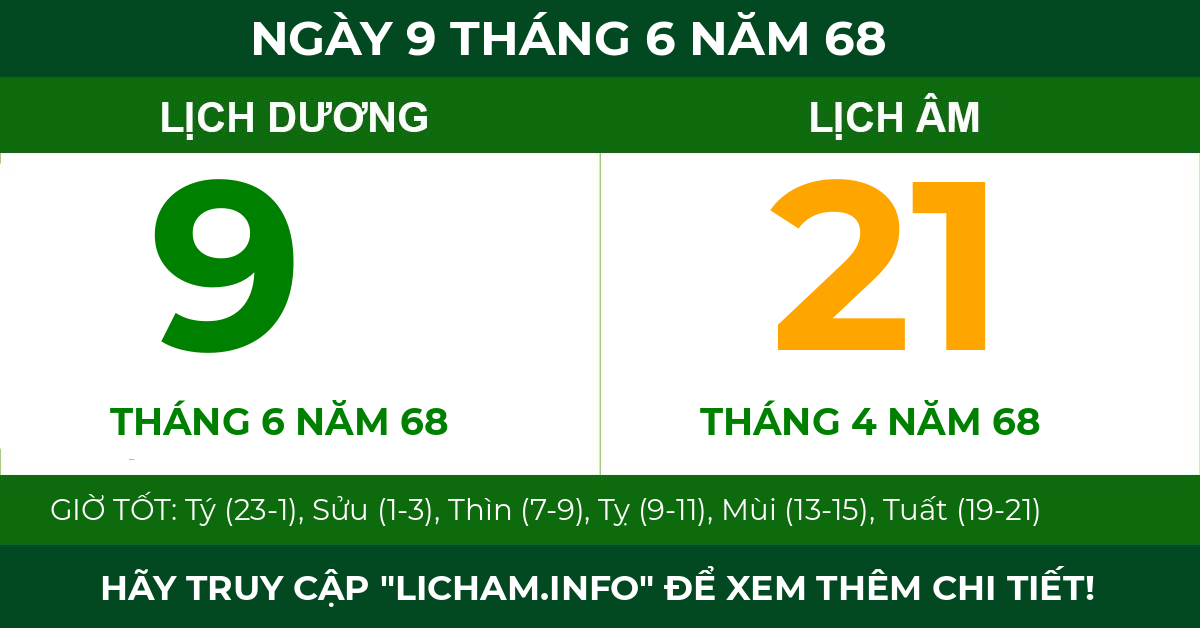 lịch âm ngày 9 tháng 6 năm 68