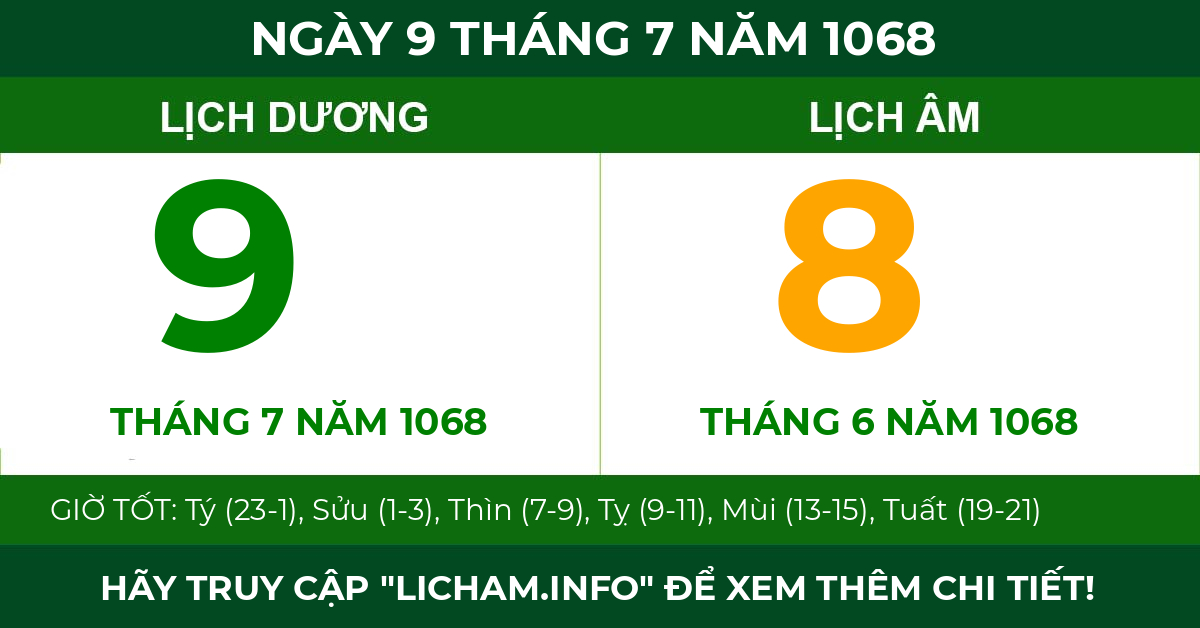 lịch âm ngày 9 tháng 7 năm 1068
