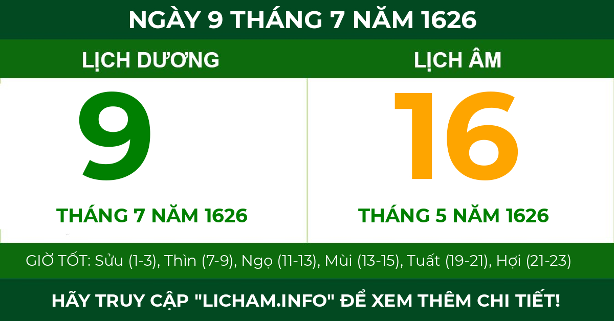 lịch âm ngày 9 tháng 7 năm 1626