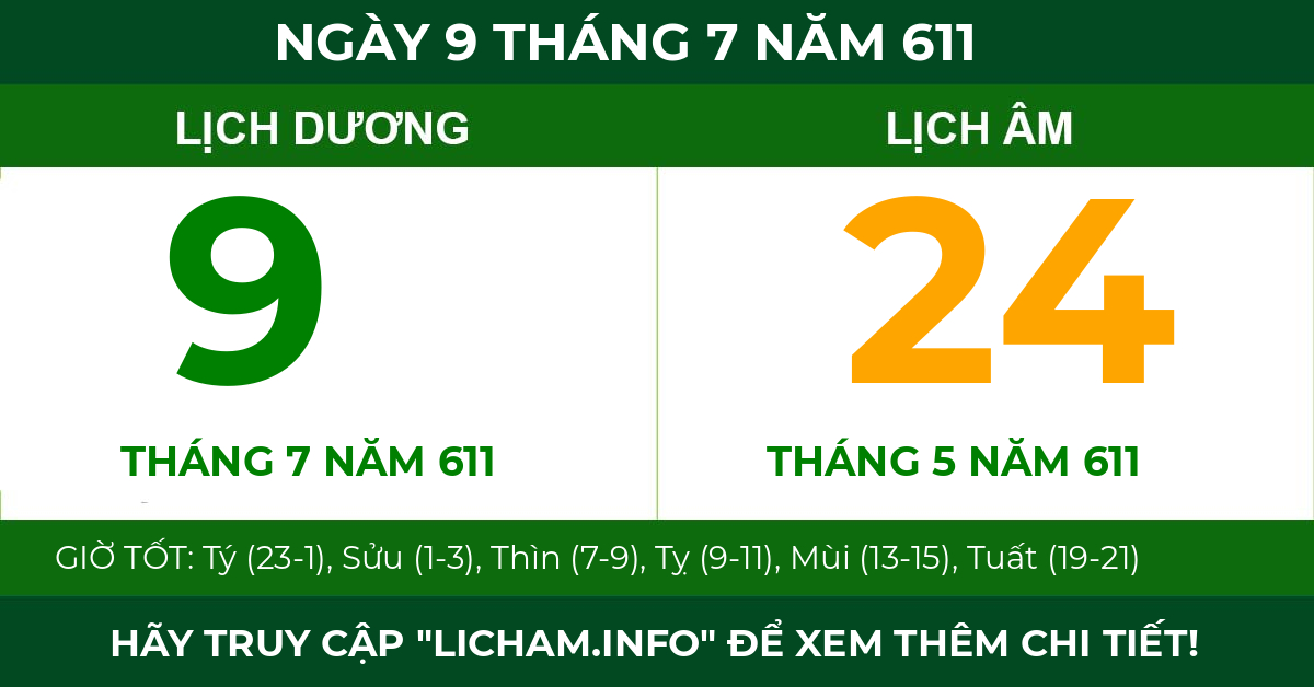 lịch âm ngày 9 tháng 7 năm 611